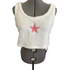 Romwe Fuzzy White Crop Tank Top With Pink Star XL Polyester & Elastane Blend
